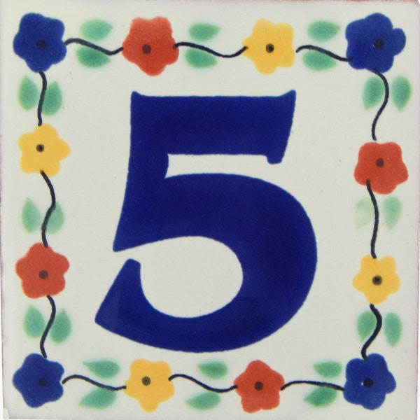 FIVE Mexican Tile House Numbers Address Numbers Ceramic House Number Talavera Number Wedding Table Numbers Flowers 4x4