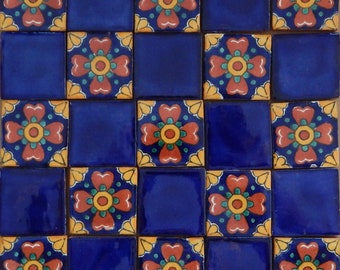 25 Mexican Talavera Ceramic Tiles 2x2" Blue Designs Handmade Folk Art