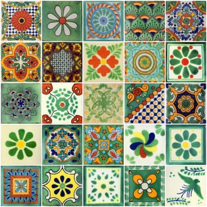 25 4x4 Pieces Mexican Talavera Tiles Handmade Green Mixed Decorative folk art