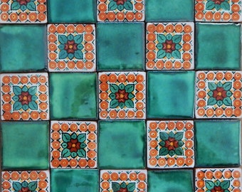 25 Mexican Talavera Ceramic Tiles 2x2" Green Designs Handmade Folk Art