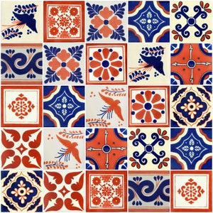 25 Pieces Mexican Talavera Tiles Handmade Terracotta & Blue Mixed Designs Mexican Ceramic 4x4 inch