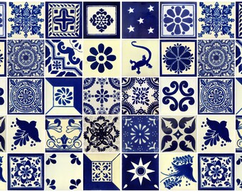 50 Pieces Mexican Talavera Tiles Handmade Blue & White Mixed Designs Mexican Ceramic 4x4 inch