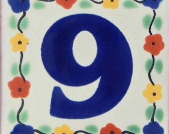 NINE Mexican Tile House Numbers Address Numbers Ceramic House Number Talavera Number Wedding Table Numbers Flowers 4x4