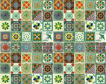 100 4x4 Pieces Mexican Talavera Tiles Handmade Green Mixed Decorative folk art