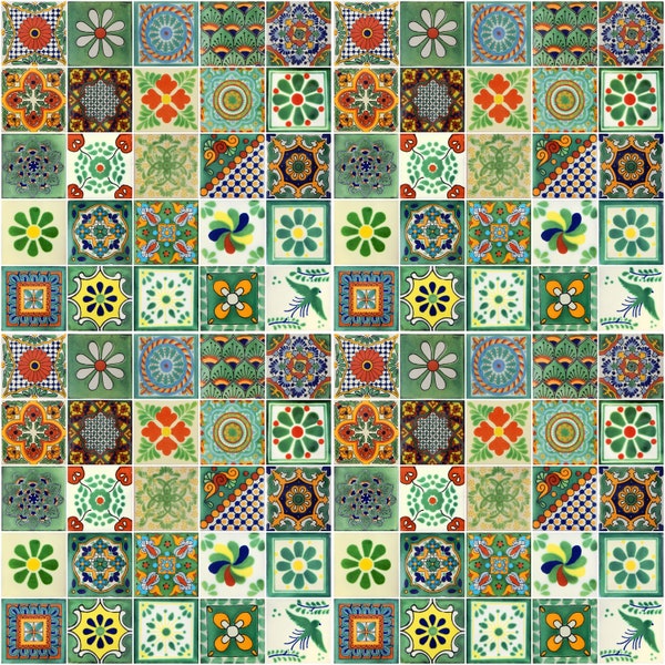 100 4x4 Pieces Mexican Talavera Tiles Handmade Green Mixed Decorative folk art