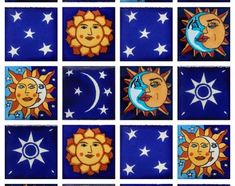 20 Mexican Talavera Ceramic Tiles 2x2" Sun and Moon Designs Handmade Folk Art