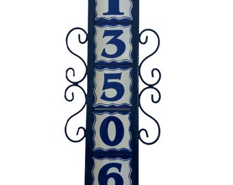 5 HOUSE NUMBER Tiles Mexican Talavera & Iron Frame Vertical BLUE Design House Number Sign