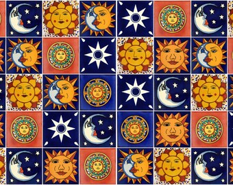 50 Mexican Talavera Handmade Tiles 4x4 Moon, Sun and Star Designs