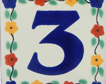 THREE Mexican Tile House Numbers Address Numbers Ceramic House Number Talavera Number Wedding Table Numbers Flowers 4x4