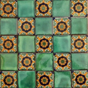 25 Mexican Talavera Ceramic Tiles 2x2" Dark green Designs Handmade Folk Art