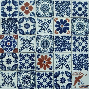 100 Pieces Mexican Talavera Tiles Handmade Terracotta & Blue Mixed Designs Mexican Ceramic 4x4 inch # 2