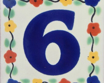 SIX Mexican Tile House Numbers Address Numbers Ceramic House Number Talavera Number Wedding Table Numbers Flowers 4x4