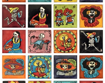 20 Mexican Talavera Ceramic Tiles 2x2" Dia de Muertos Designs Handmade Folk Art