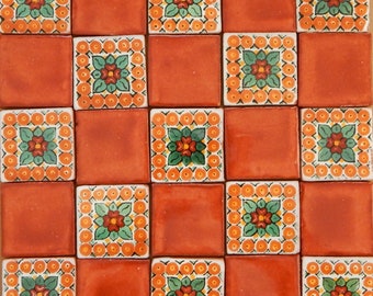25 Mexican Talavera Ceramic Tiles 2x2" Terracotta Designs Handmade Folk Art