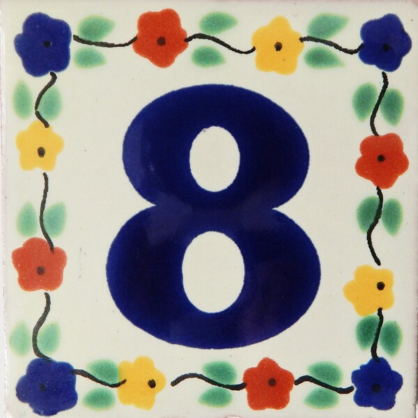 EIGHT Mexican Tile House Numbers Address Numbers Ceramic House Number Talavera Number Wedding Table Numbers Flowers 4x4