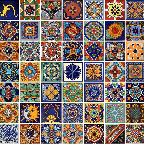 100 4x4 Pieces Mexican Talavera Tiles Handmade Mixed Decorative folk art, 50 different designs