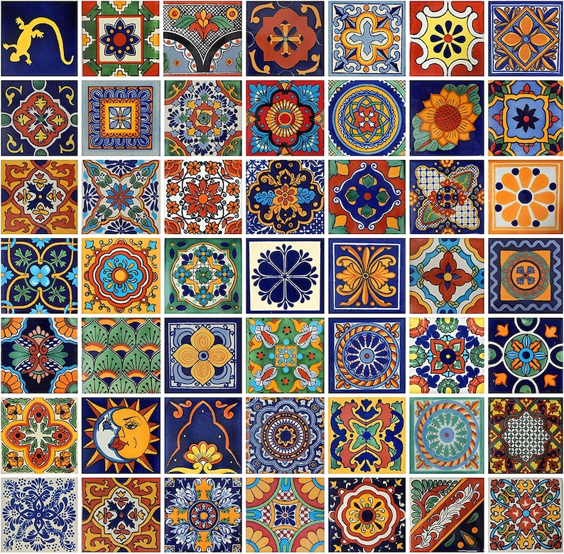 100 4x4 Pieces Mexican Talavera Tiles Handmade Mixed Decorative folk art, 50 different designs image 1