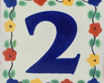 TWO Mexican Tile House Numbers Address Numbers Ceramic House Number Talavera Number Wedding Table Numbers Flowers 4x4