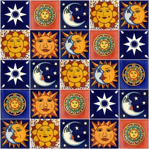 25 Mexican Talavera Handmade Tiles 4x4 Moon, Sun and Star Designs