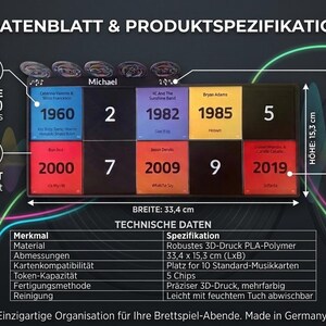 May include: A product specification sheet with the title "DATENBLATT & PRODUKTSPEZIFIKATIONEN". It features a black rectangular holder with album covers and years. The holder is 33.4 cm wide and 15.3 cm high. It includes a token holder for 5 chips.