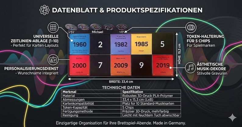 May include: A product specification sheet with the title "DATENBLATT & PRODUKTSPEZIFIKATIONEN". It features a black rectangular holder with album covers and years. The holder is 33.4 cm wide and 15.3 cm high. It includes a token holder for 5 chips.