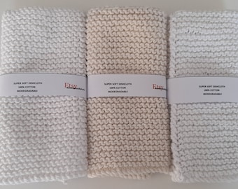 Set of 3 pure cotton dishcloths hand knitted and washable and eco-friendly