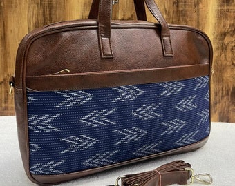 Blue Indigo Printed laptop bag- faux leather with cotton fabric.