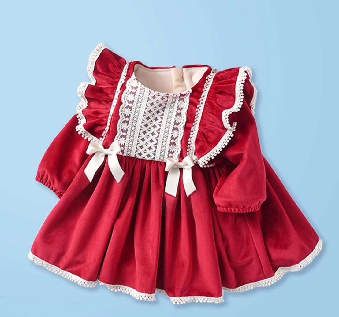 Baby Girl Dark Red & off White Lace Dress With a Bonnet - Etsy