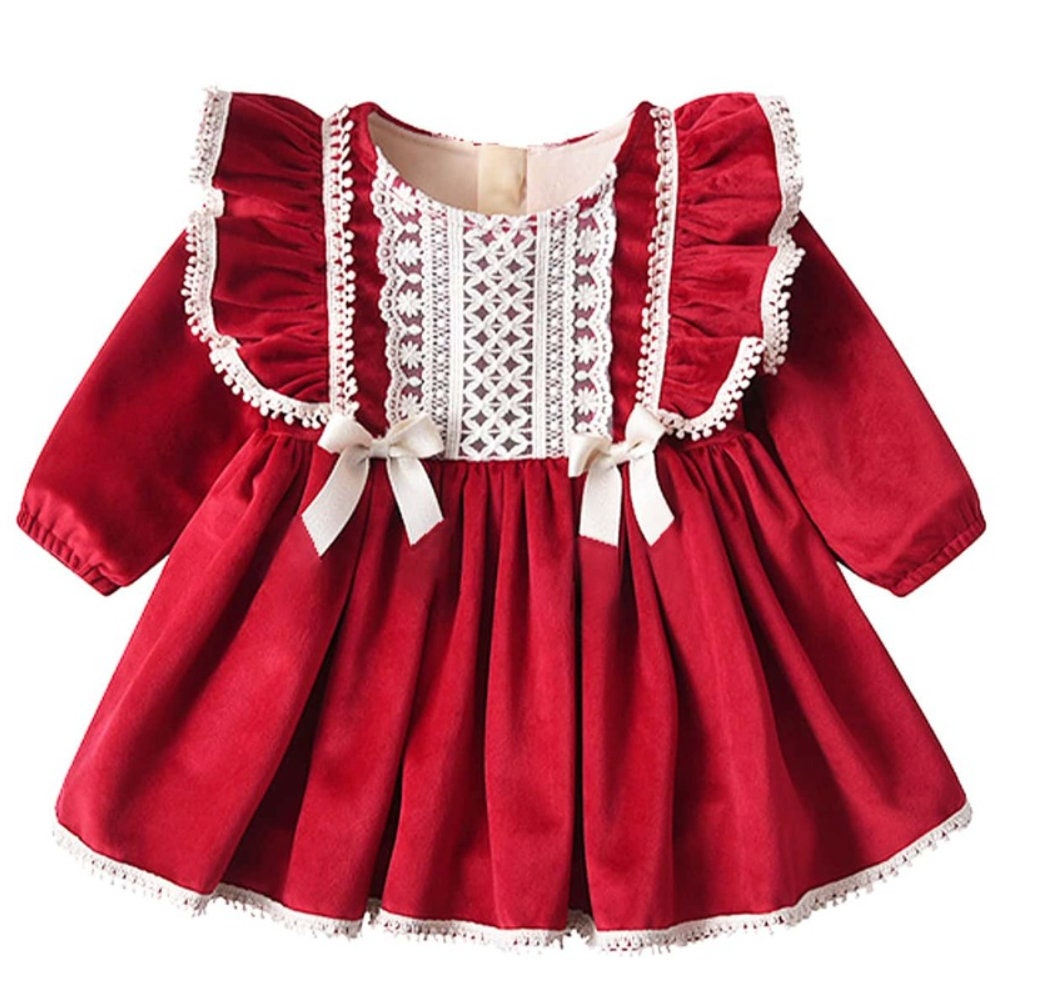 Baby Girl Dark Red & off White Lace Dress With a Bonnet - Etsy