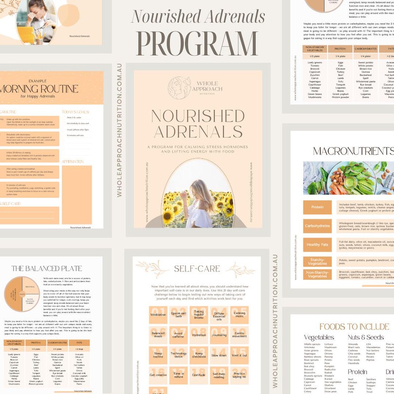 May include: A digital guide titled "Nourished Adrenals Program" with a peach background and a sunflower field image. The guide includes information on a program for calming stress hormones and lifting energy with food. The guide also includes sections on morning routine, the balanced plate, self-care, macronutrients, and foods to include.