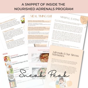 May include: A close-up of a meal planning guide for a program called "Nourished Adrenals". The guide includes a meal timing guide, a mindful eating section, and a section on adrenals and stress hormones. The guide also includes a sample meal plan for a Monday, with breakfast, snacks, lunch, and dinner.