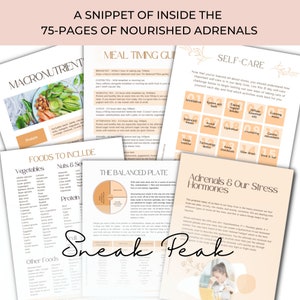 May include: A collage of pages from a guidebook titled "Nourished Adrenals" with a focus on self-care, meal timing, and macronutrients. The pages feature lists of foods, a balanced plate diagram, and a section on adrenal hormones.