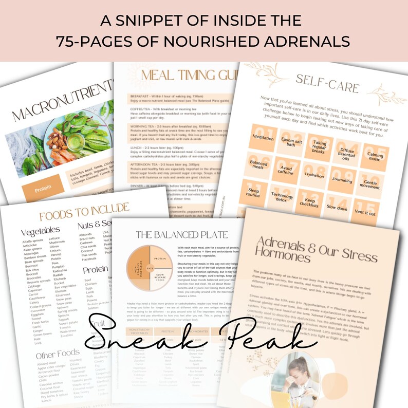 May include: A collage of pages from a guidebook titled "Nourished Adrenals" with a focus on self-care, meal timing, and macronutrients. The pages feature lists of foods, a balanced plate diagram, and a section on adrenal hormones.