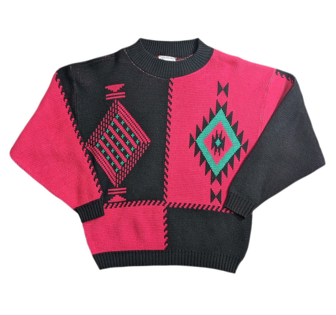 Vintage Knitted Sweater Red & Black Made in USA Medium Etsy