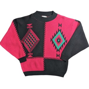 Suéter de punto vintage rojo y negro hecho en USA Medium