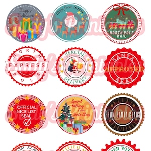 Druckbare Weihnachtsmann-Siegel und Briefmarken zum Aufbringen auf die Geschenke Ihrer Kinder und auf die Briefe an den Weihnachtsmann.