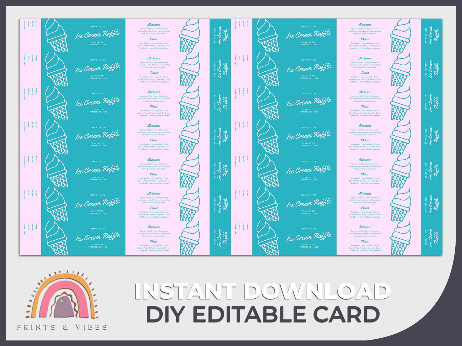 Raffle Ticket Printable Editable Ice Cream Raffle Template - Etsy