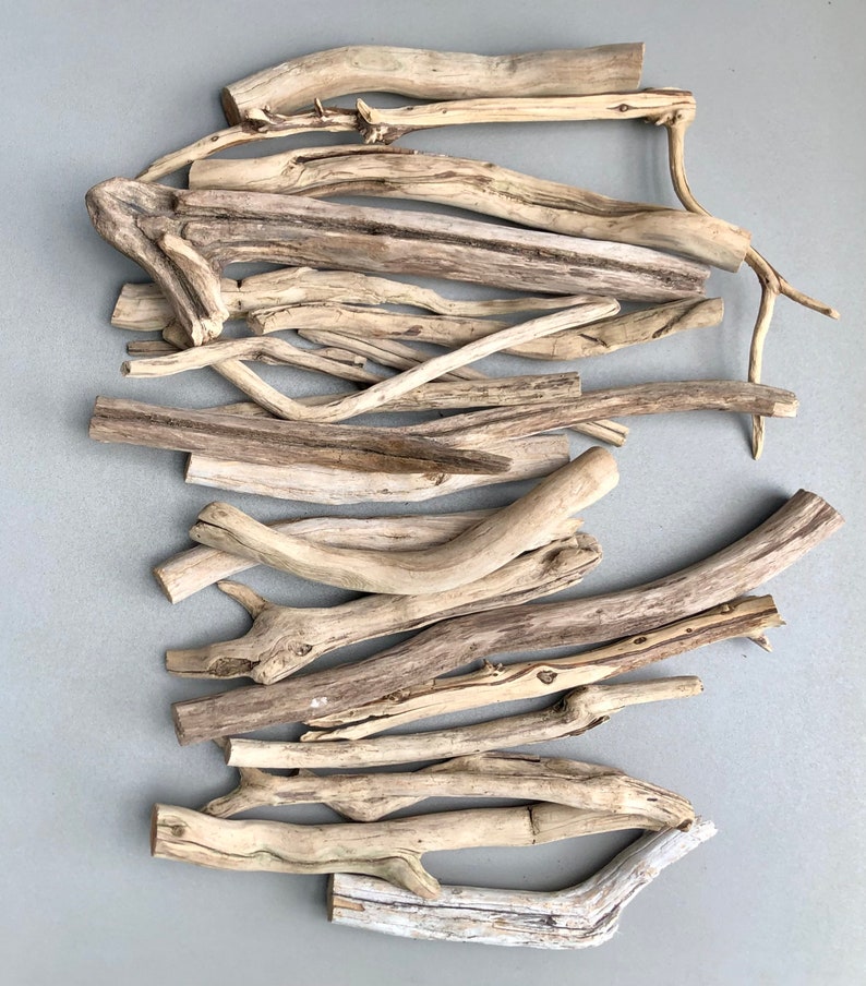 May include: A collection of driftwood sticks in various sizes and shapes, with a natural, light brown color. The sticks are arranged in a random pattern, creating a rustic and organic aesthetic.