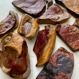 May include: A collection of 10 irregularly shaped pieces of red, brown, and black jasper. The jasper is polished and has a smooth, shiny surface.