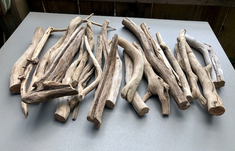May include: A collection of driftwood branches in various sizes and shapes, with a natural, weathered gray finish. The branches are arranged in a random pattern on a gray surface.