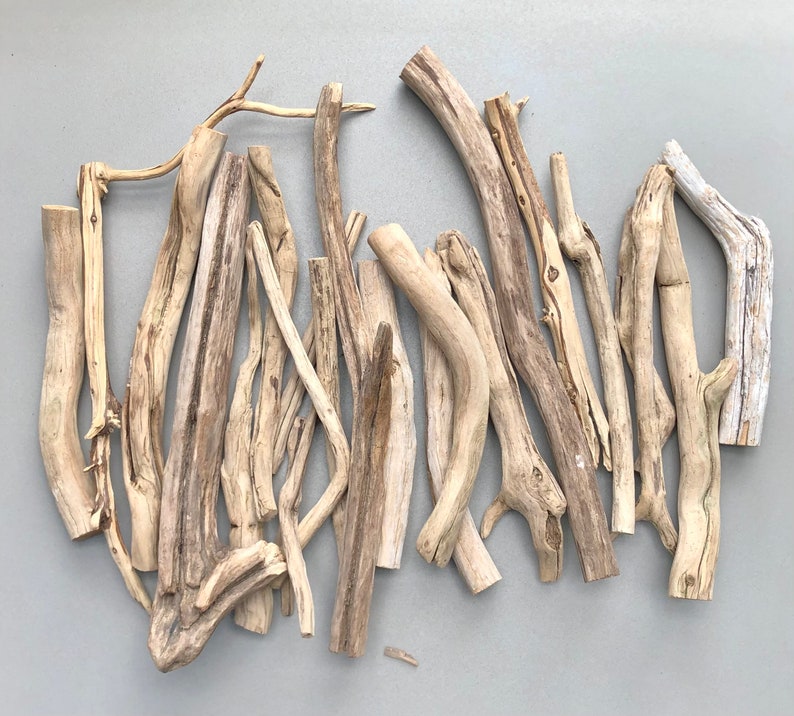 May include: A collection of driftwood sticks in various sizes and shapes, ranging from light to dark brown in color. The sticks are arranged in a random pattern on a light gray background.