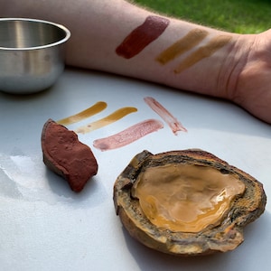 May include: A close-up of a variety of natural pigments, including red, brown, and yellow, displayed on a white surface. The pigments are shown in both their raw form and as swatches on a person's arm.