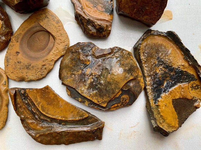 May include: Close-up of several irregularly shaped, brown and black stones with a smooth, polished surface. The stones have a variety of patterns and textures.
