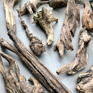 May include: A collection of driftwood pieces in various shapes and sizes. The driftwood is a natural brown color and has a rough, weathered texture.