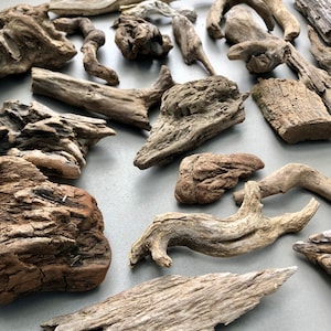 May include: A collection of driftwood pieces in various shapes and sizes. The driftwood is a natural brown color and has a rough, weathered texture.