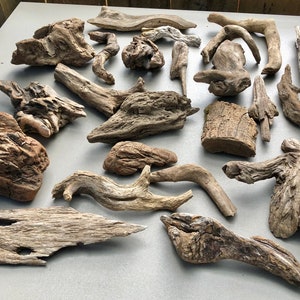 May include: A collection of driftwood pieces in various shapes and sizes. The driftwood is a natural brown color and has a rough, weathered texture.