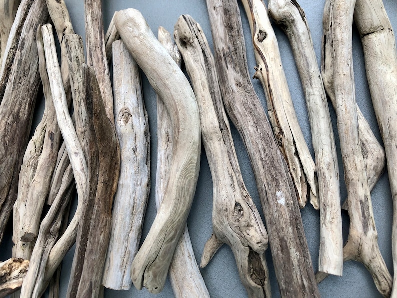 May include: A collection of driftwood sticks in various sizes and shapes, with a light gray and brown color palette. The wood has a natural, weathered look.