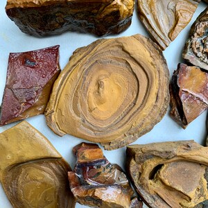 May include: A collection of polished, brown and red tiger eye stones with swirling patterns. The stones are various shapes and sizes, some with a circular pattern.