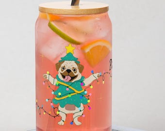 Funny Christmas Dog Glass Cup | Paw-La-La-La-La | Cute Pug Tangled in Lights Cup | Personalized Dog Lover Gift | Holiday Can Glasc