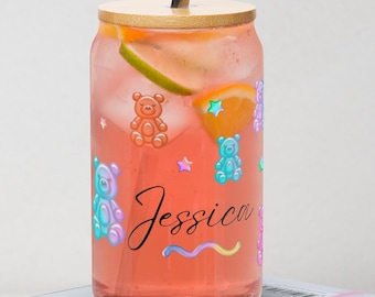 Personalized Gummy Bear Glass Cup with Bamboo Lid and Straw, Custom Iced Coffee Cup, Cute Colorful Name Can Cup, Kawaii Gift for Her